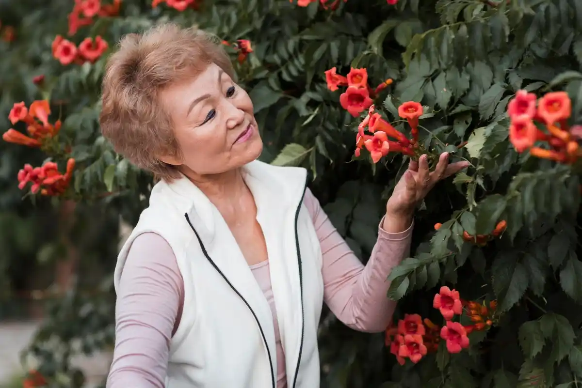 middle aged Dutch woman happy memory menopause park