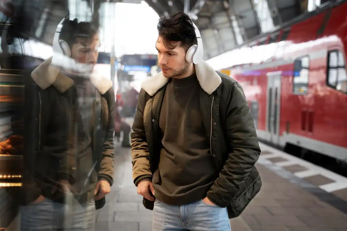 Dutch commuter looking serious train