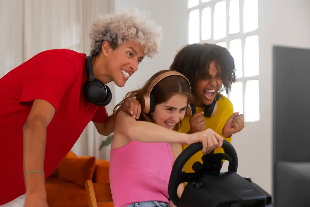 elderly person video gaming winning teenagers living room