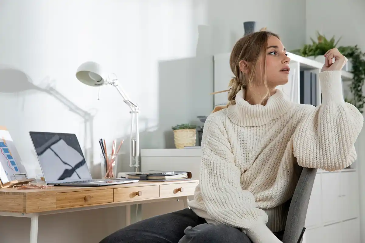 dutch woman enjoying mindfulness routine home workspace