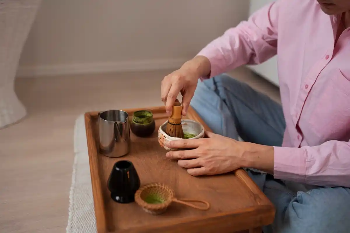 matcha tea preparation in Dutch home close up
