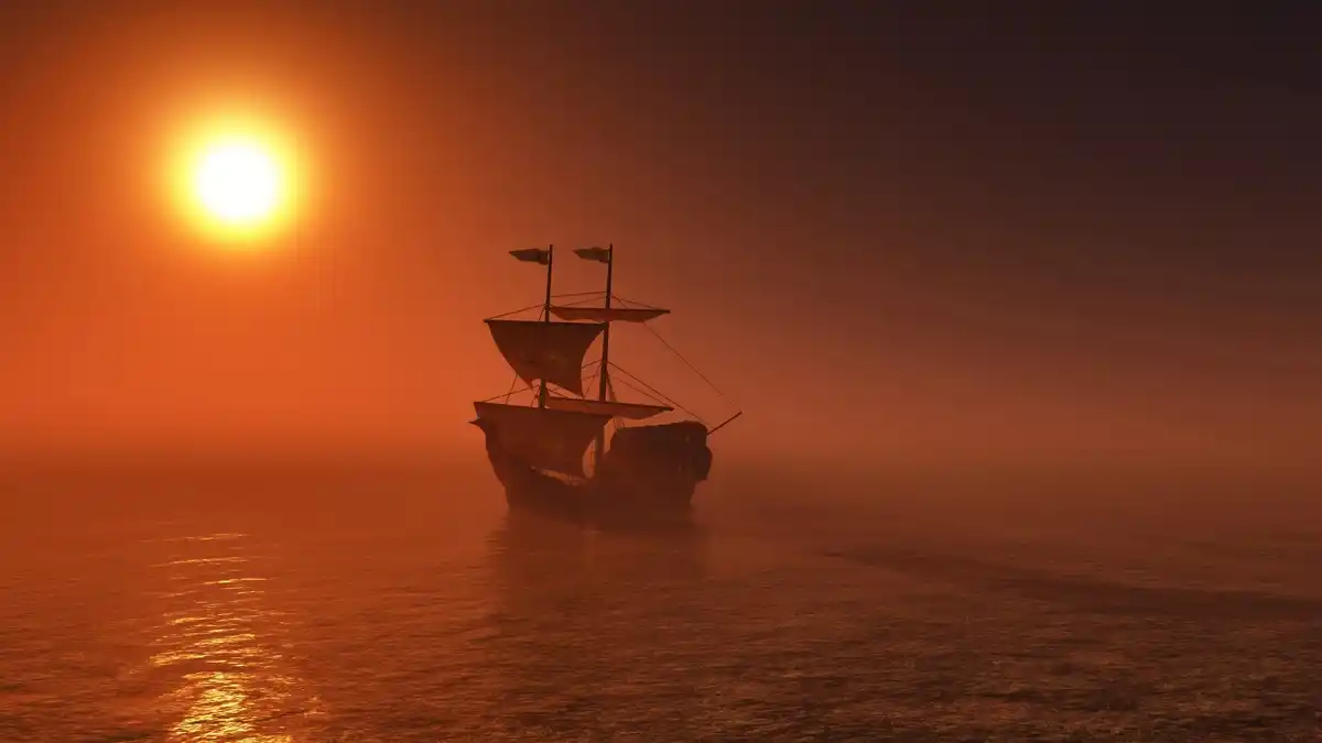 Vikingen landing on Dutch coast at sunrise
