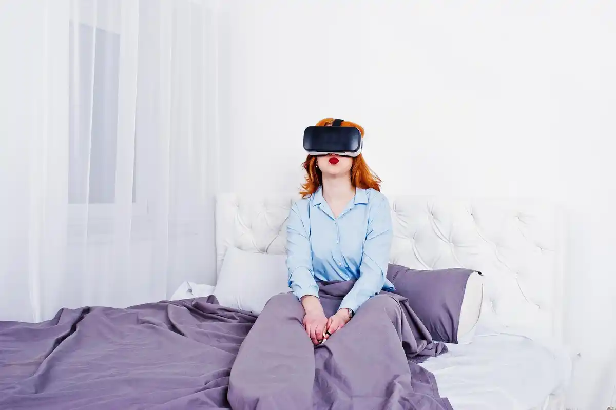 scientist sleeping with futuristic robot, night, modern bedroom, dutch style