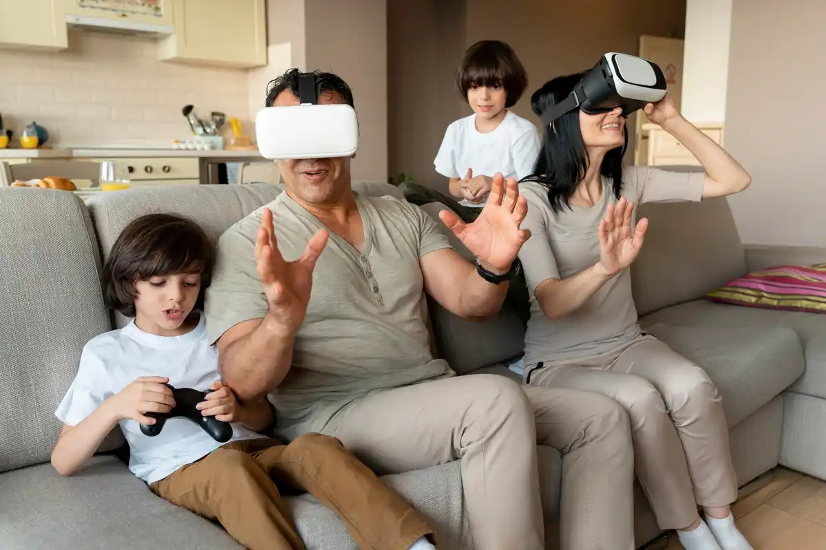 futuristic Dutch family interacting with robot at home