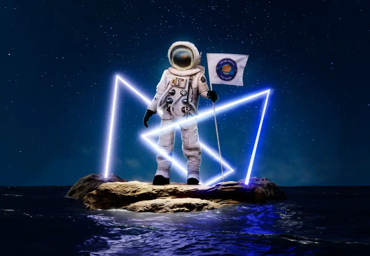 astronaut floating without space suit, dramatic outer space scene