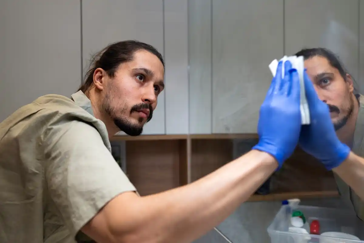 scientist petting axolotl in laboratory