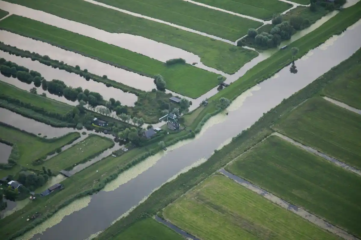 dutch wadden sea village at high tide flood aerial