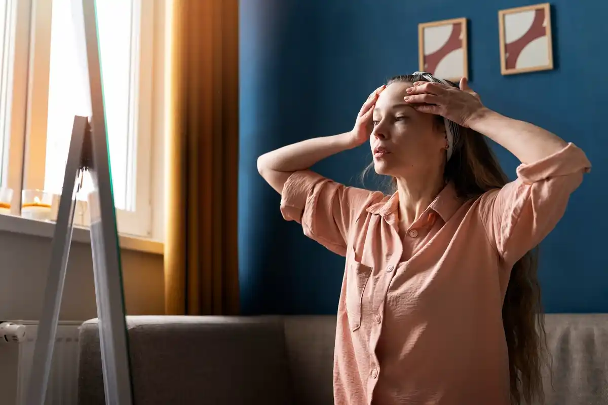 dutch woman with headache at home, realistic, natural light, modern interior