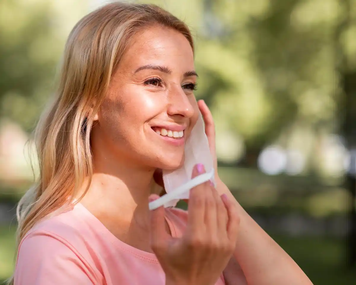 dutch woman applying sunscreen face sunny day