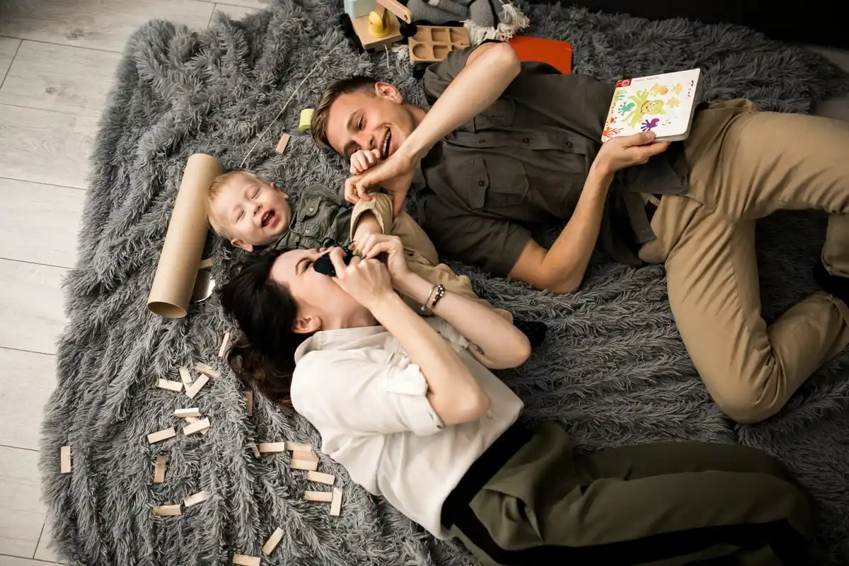 Japanese family sitting on tatami in socks